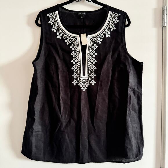 Talbots Woven Linen Blouse Black Top Embroidered Split Neck Sleeveless Sz 16 - Picture 1 of 6